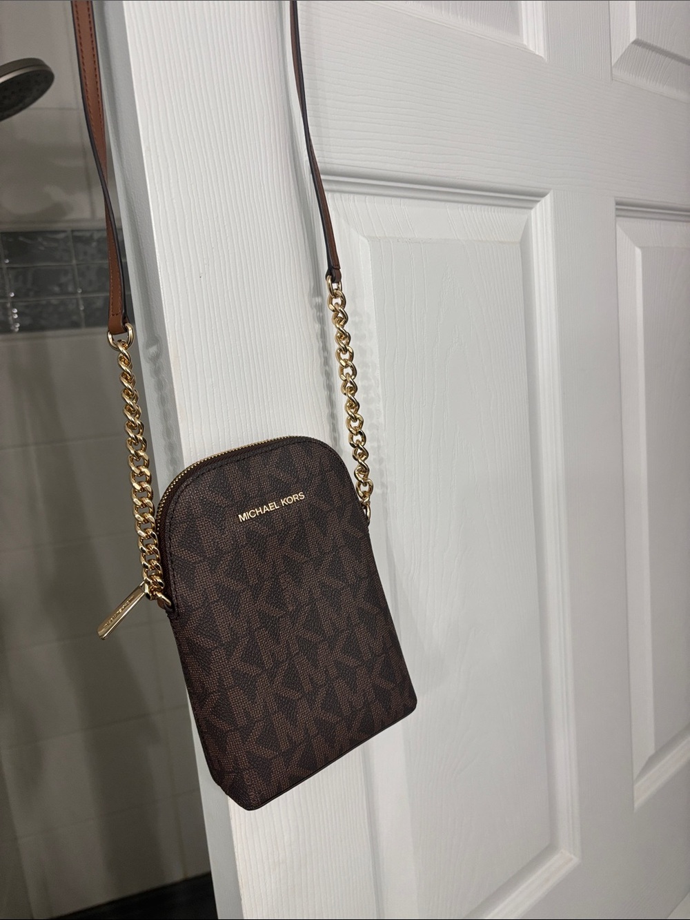 Michael Kors Brown Logo Crossbody Phone Pouch with Gold Chain